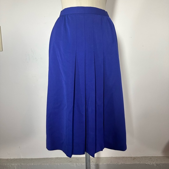 VINTAGE HALSTON III BLUE PLEATED MIDI SKIRT SIZE 4 SMALL SIDE POCKETS - Picture 2 of 5